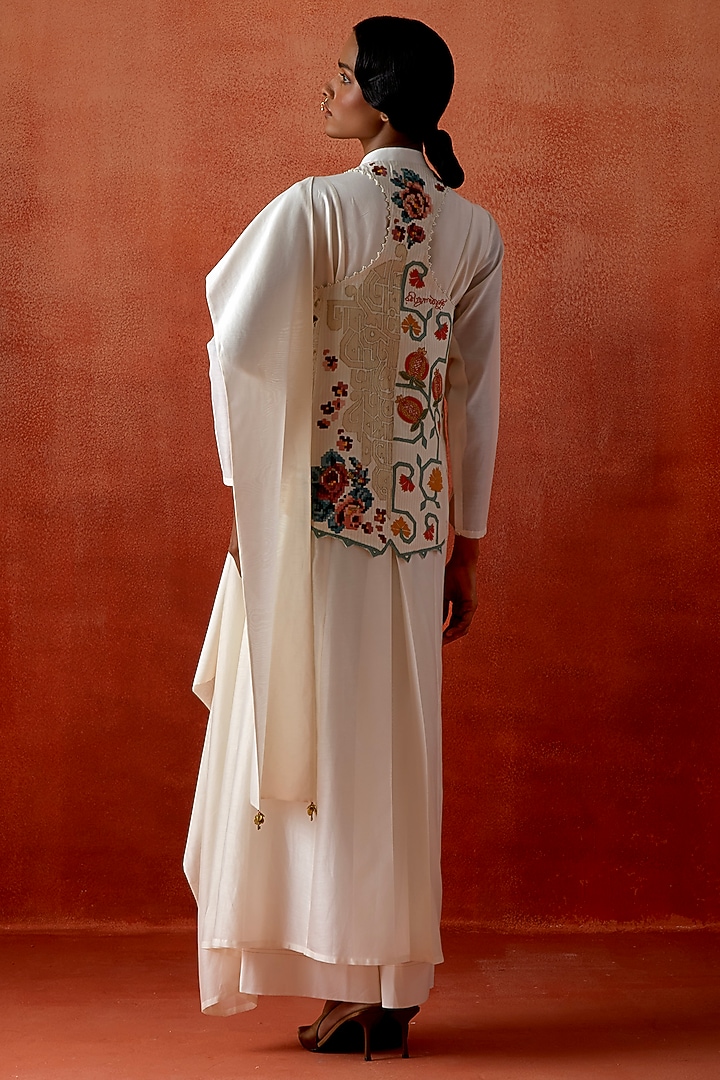 Ivory Silk Chanderi Angrakha Jacket Kurta Set by Jajaabor at Pernia's Pop Up Shop