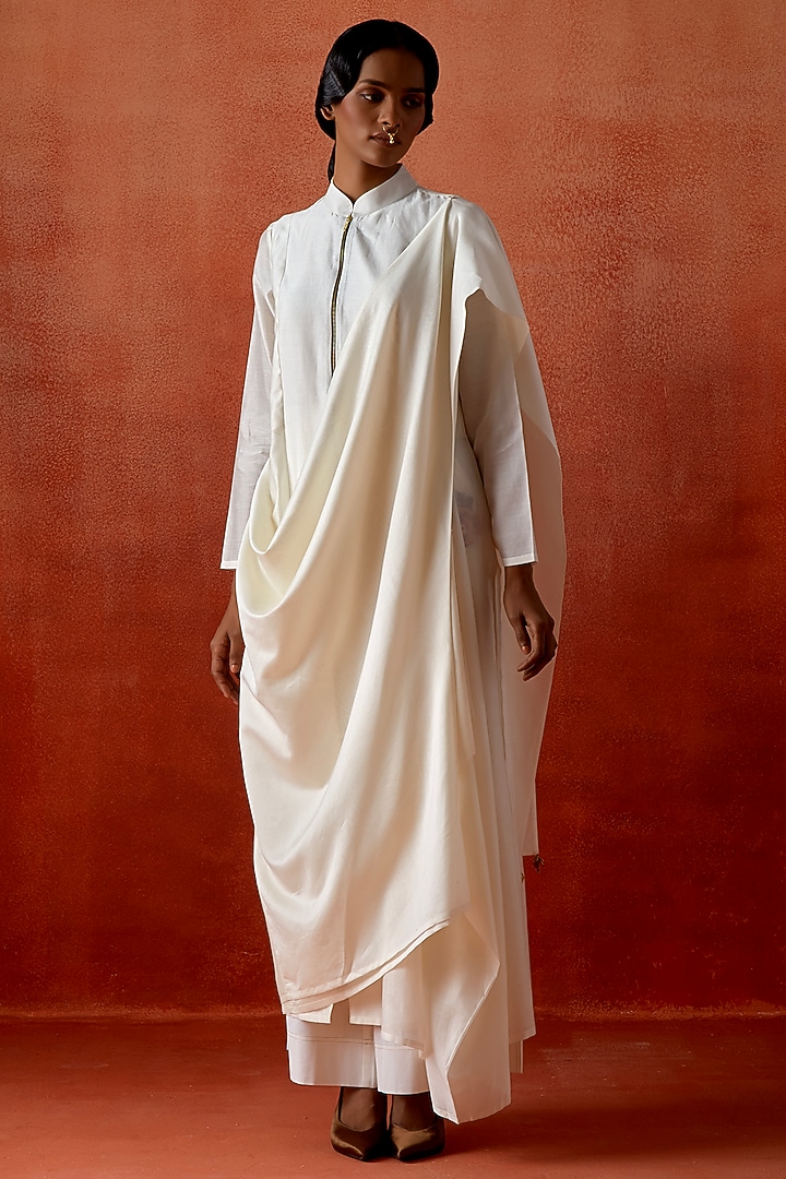 Ivory Silk Chanderi Angrakha Jacket Kurta Set by Jajaabor at Pernia's Pop Up Shop