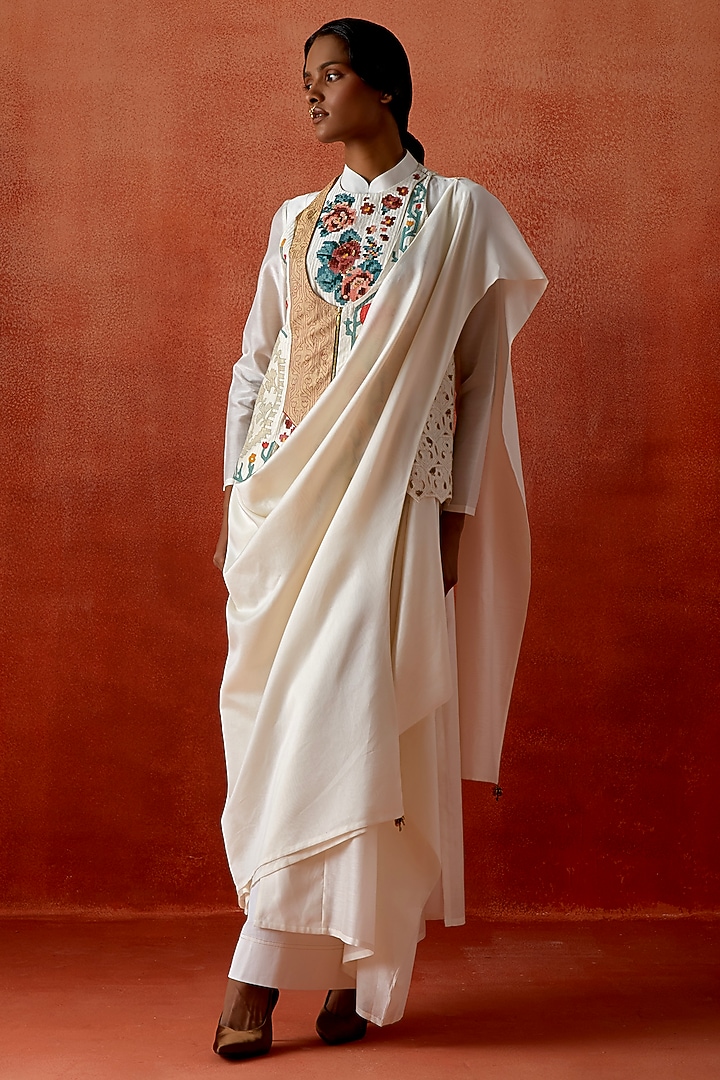 Ivory Silk Chanderi Angrakha Jacket Kurta Set by Jajaabor at Pernia's Pop Up Shop
