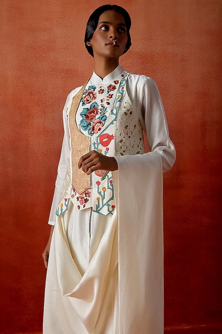 Ivory Silk Chanderi Angrakha Jacket Kurta Set by Jajaabor at Pernia's Pop Up Shop