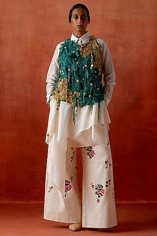 Teal Silk Chanderi 3D Floral Jacket Set by Jajaabor