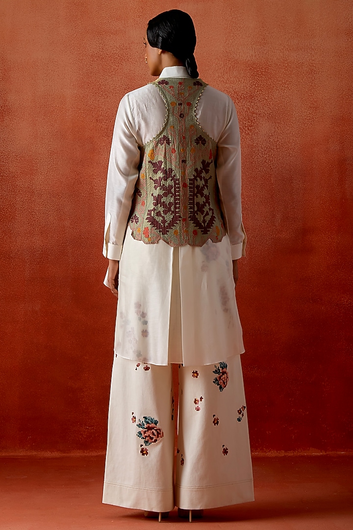 Teal Silk Chanderi 3D Floral Jacket Set by Jajaabor at Pernia's Pop Up Shop