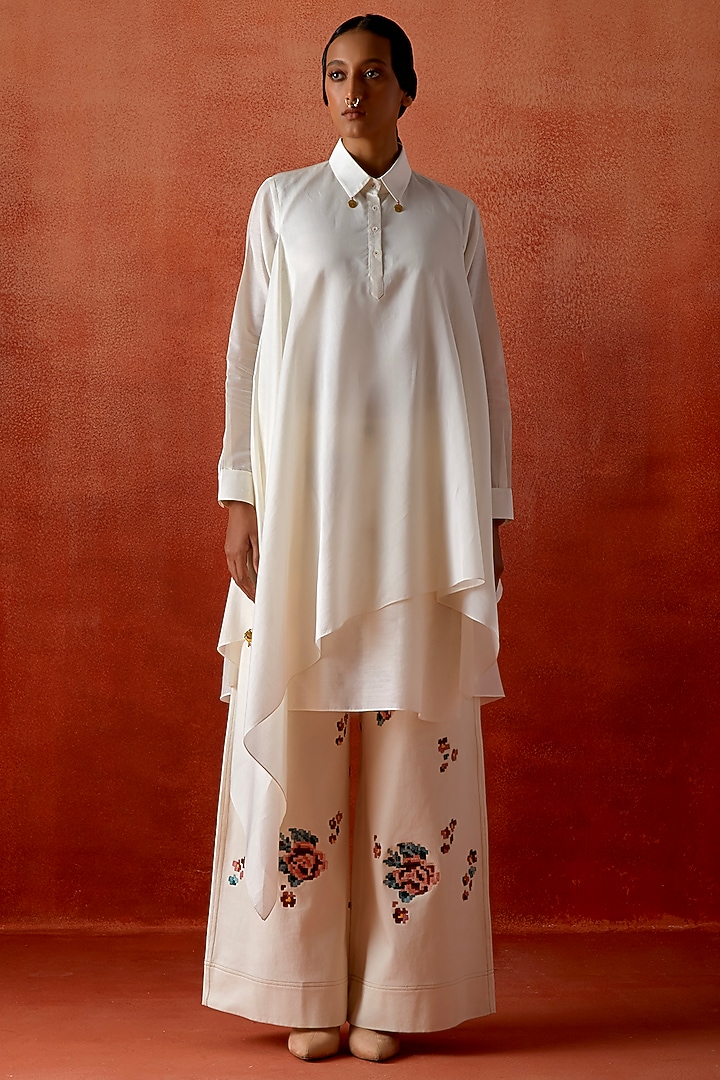 Teal Silk Chanderi 3D Floral Jacket Set by Jajaabor at Pernia's Pop Up Shop