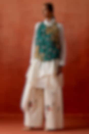 Teal Silk Chanderi 3D Floral Jacket Set by Jajaabor at Pernia's Pop Up Shop