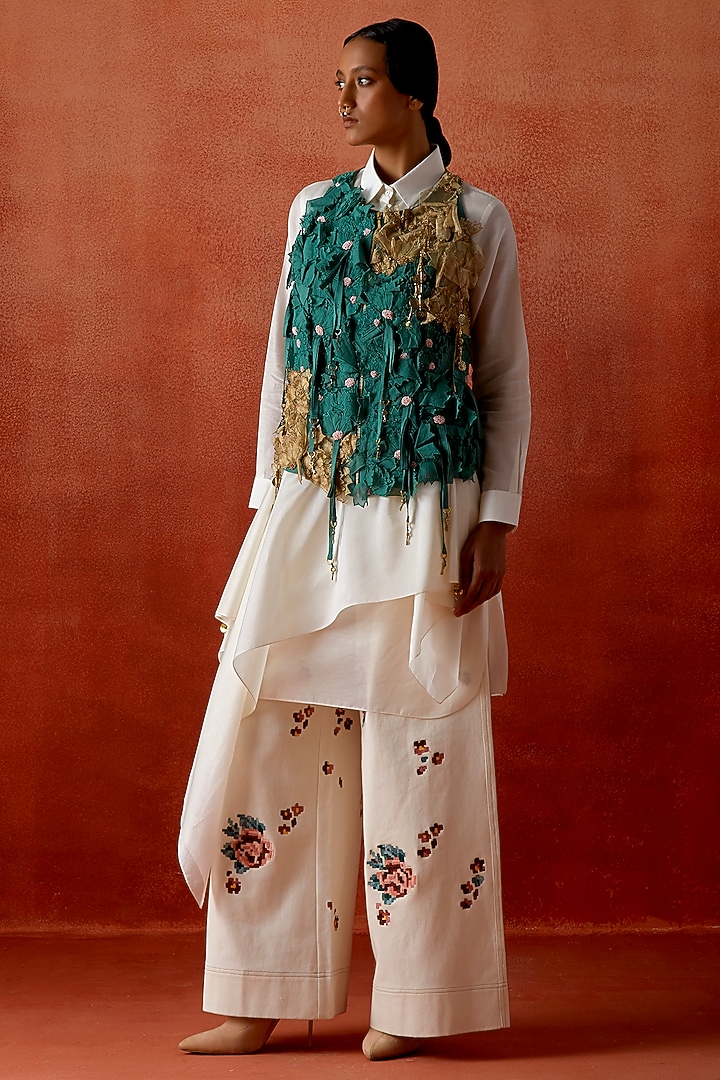 Teal Silk Chanderi 3D Floral Jacket Set by Jajaabor at Pernia's Pop Up Shop