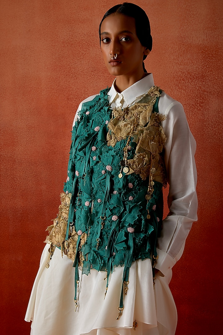 Teal Silk Chanderi 3D Floral Jacket Set by Jajaabor at Pernia's Pop Up Shop