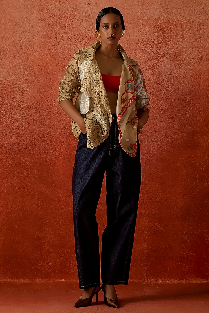 Gold Tissue Embroidered Jacket Set by Jajaabor at Pernia's Pop Up Shop