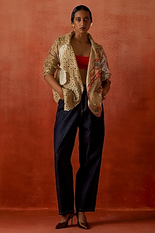 Gold Tissue Embroidered Jacket Set by Jajaabor