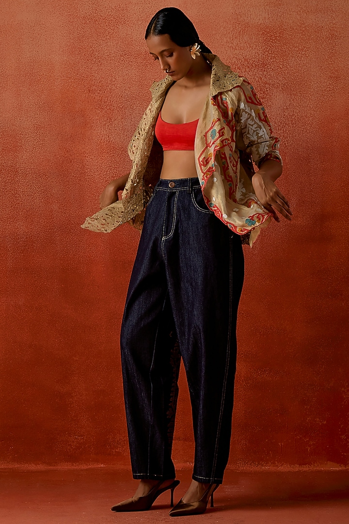 Gold Tissue Embroidered Jacket Set by Jajaabor at Pernia's Pop Up Shop