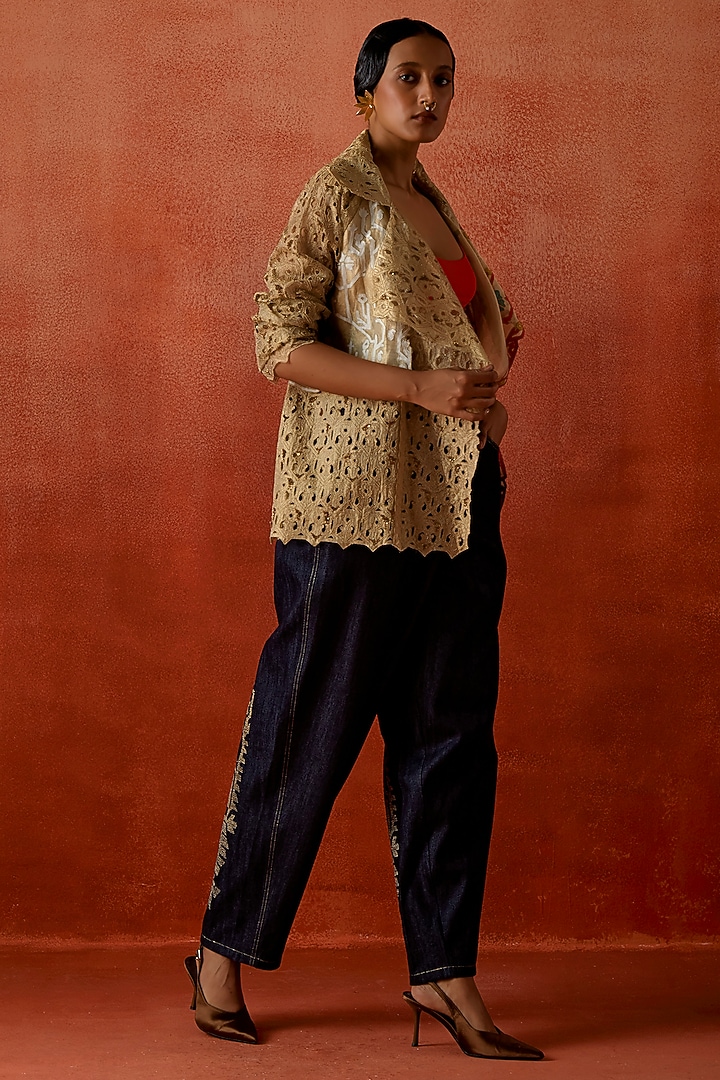 Gold Tissue Embroidered Jacket Set by Jajaabor at Pernia's Pop Up Shop