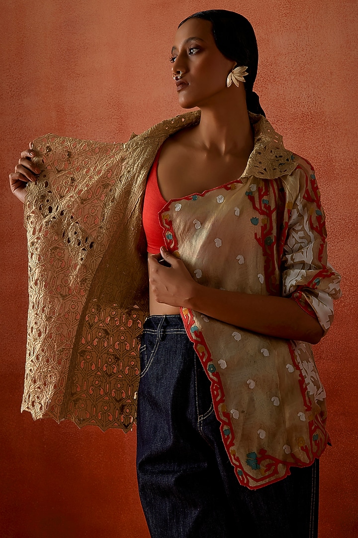 Gold Tissue Embroidered Jacket Set by Jajaabor at Pernia's Pop Up Shop
