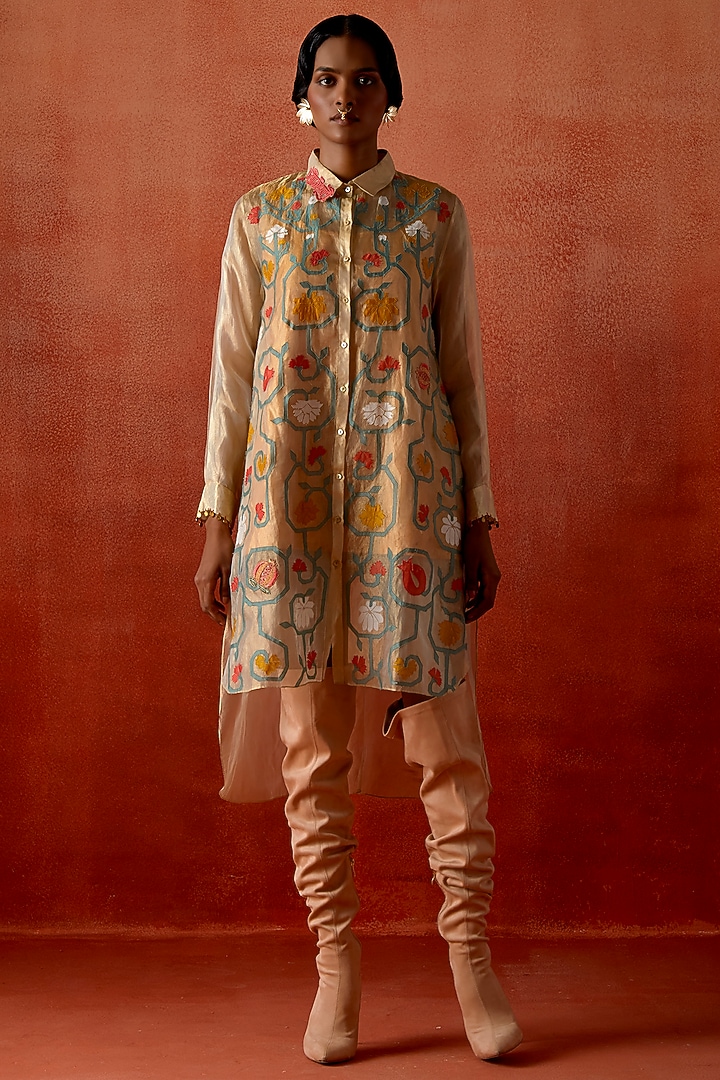 Gold Tissue Embroidered Shirt by Jajaabor at Pernia's Pop Up Shop