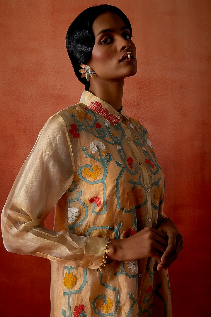 Gold Tissue Embroidered Shirt by Jajaabor at Pernia's Pop Up Shop