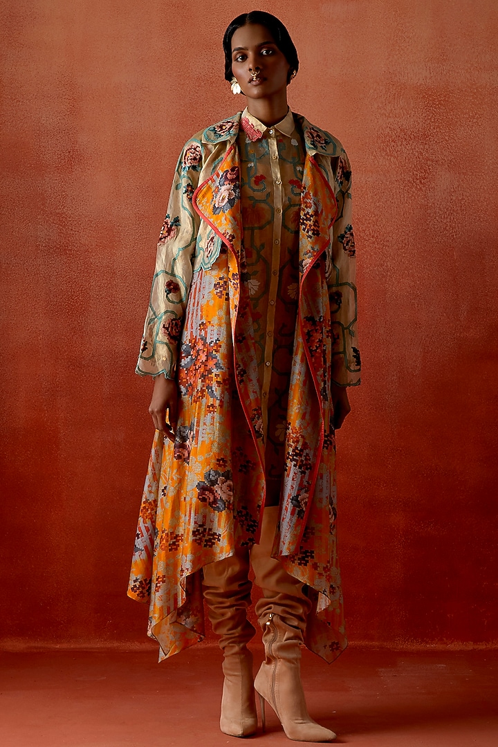 Mustard Silk Chanderi Printed Long Trench Jacket by Jajaabor at Pernia's Pop Up Shop