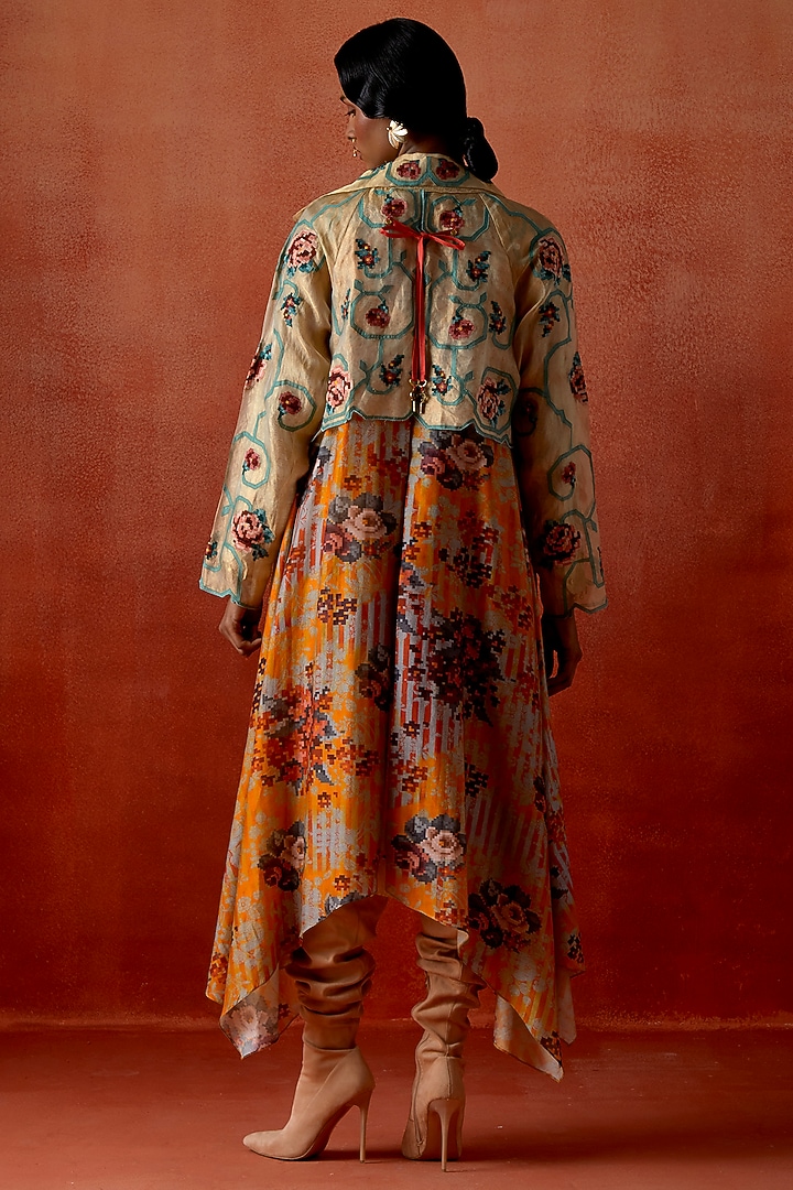 Mustard Silk Chanderi Printed Long Trench Jacket by Jajaabor at Pernia's Pop Up Shop