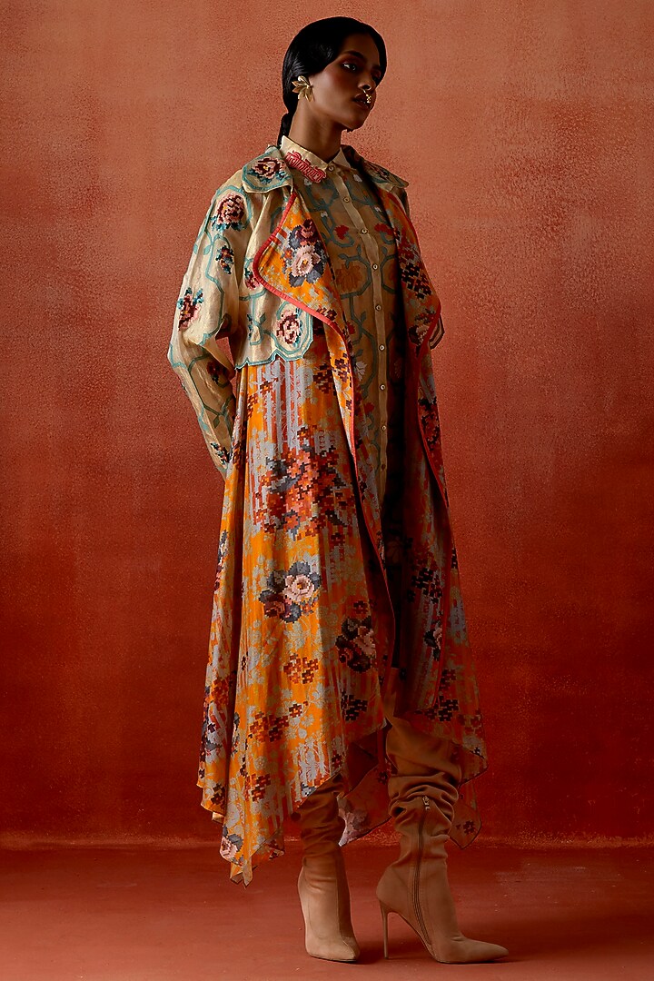 Mustard Silk Chanderi Printed Long Trench Jacket by Jajaabor at Pernia's Pop Up Shop