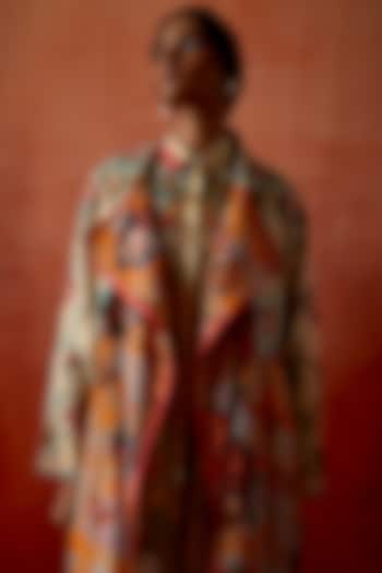 Mustard Silk Chanderi Printed Long Trench Jacket by Jajaabor at Pernia's Pop Up Shop