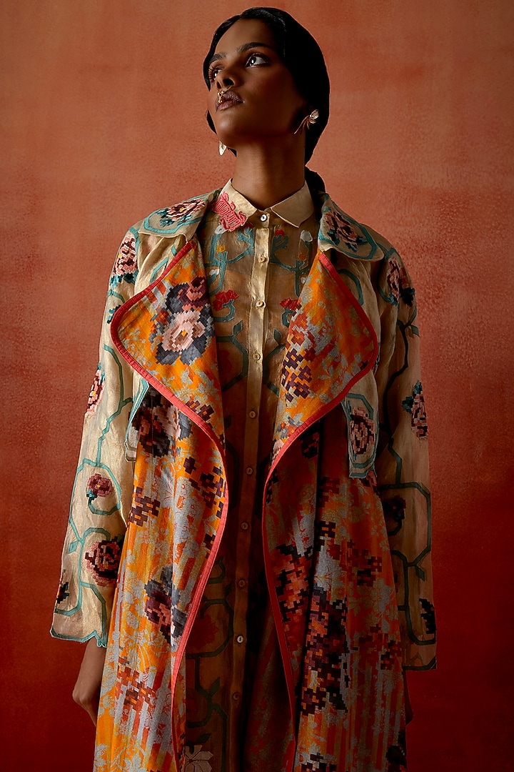 Mustard Silk Chanderi Printed Long Trench Jacket by Jajaabor at Pernia's Pop Up Shop