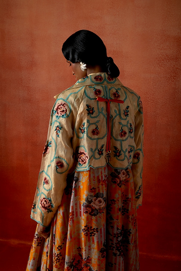 Mustard Silk Chanderi Printed Long Trench Jacket by Jajaabor at Pernia's Pop Up Shop