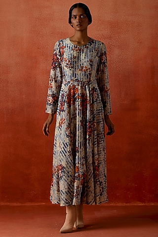 Multi-Colored Silk Chanderi Printed Anarkali Set by Jajaabor
