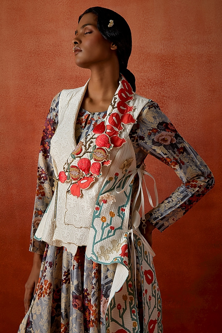 Ivory Silk Chanderi Jacket With Wedding Anarkali by Jajaabor at Pernia's Pop Up Shop