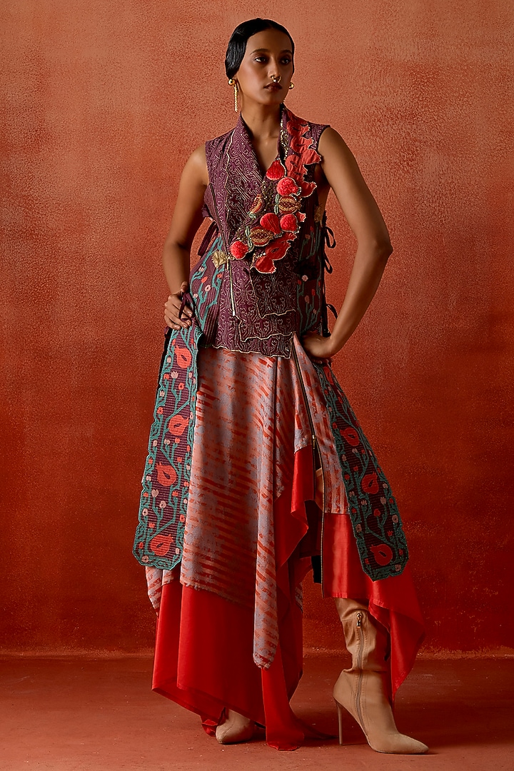 Wine Silk Chanderi Embroidered Jacket Set by Jajaabor at Pernia's Pop Up Shop