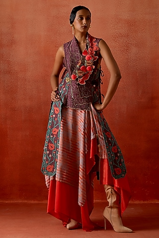 Wine Silk Chanderi Embroidered Jacket Set by Jajaabor