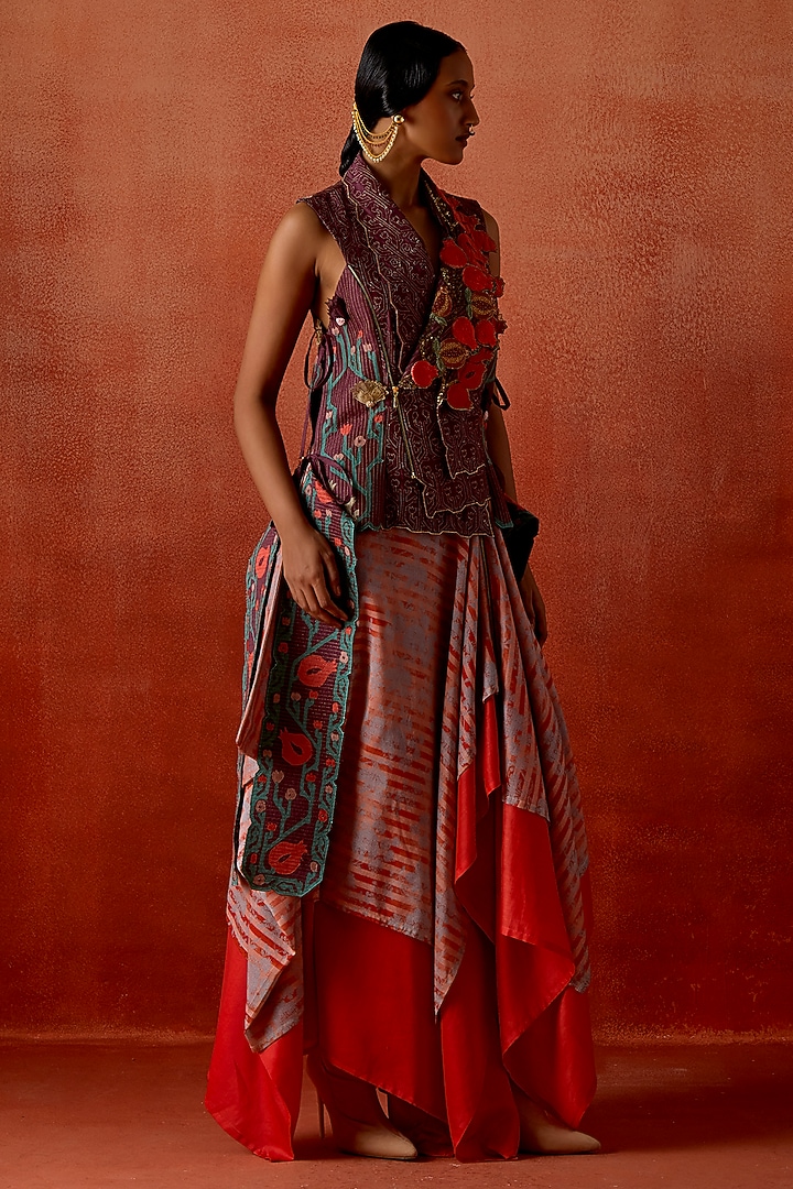 Wine Silk Chanderi Embroidered Jacket Set by Jajaabor at Pernia's Pop Up Shop