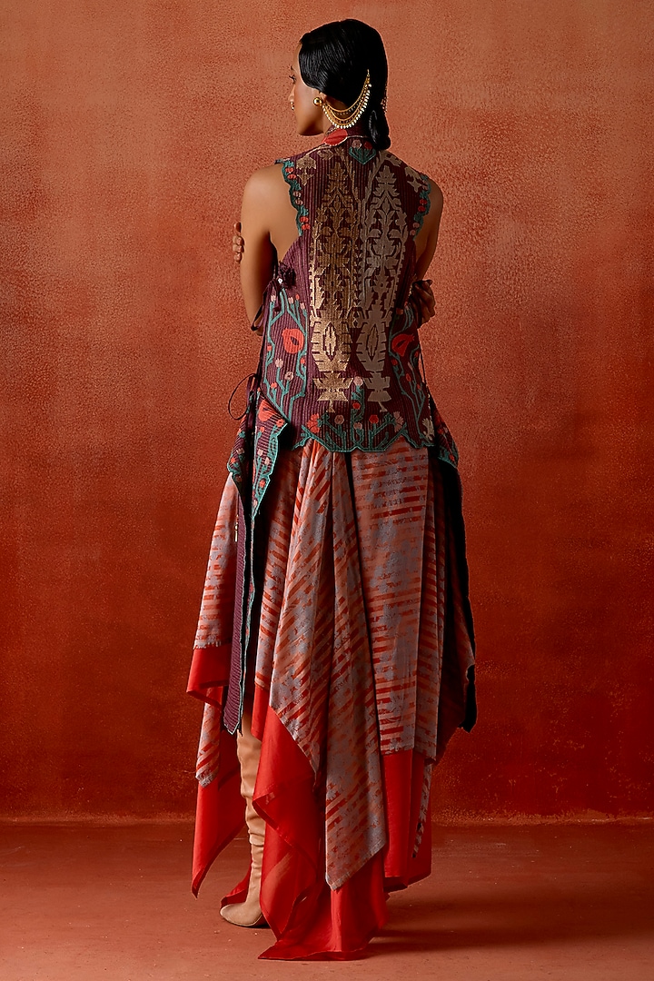 Wine Silk Chanderi Embroidered Jacket Set by Jajaabor at Pernia's Pop Up Shop
