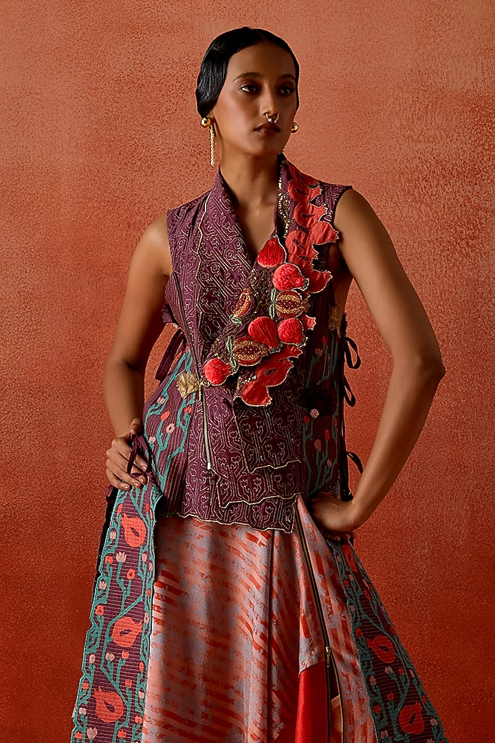 Wine Silk Chanderi Embroidered Jacket Set by Jajaabor at Pernia's Pop Up Shop