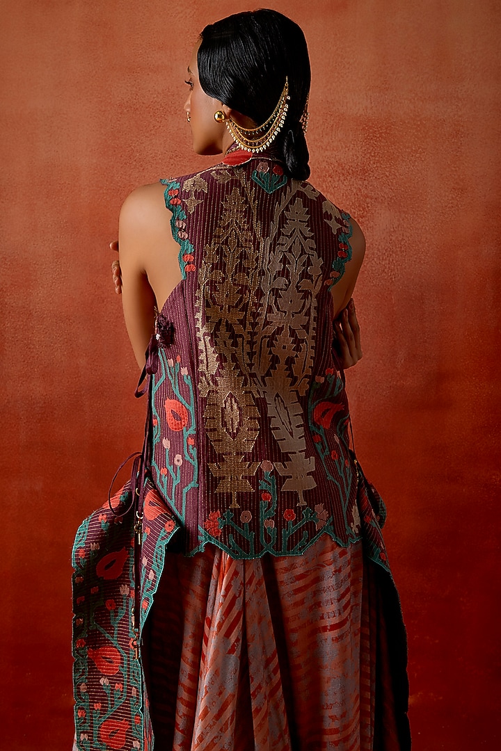 Wine Silk Chanderi Embroidered Jacket Set by Jajaabor at Pernia's Pop Up Shop