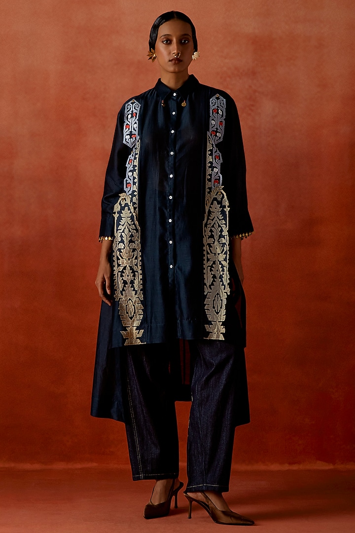 Indigo Silk Chanderi & Denim Co-Ord Set by Jajaabor at Pernia's Pop Up Shop