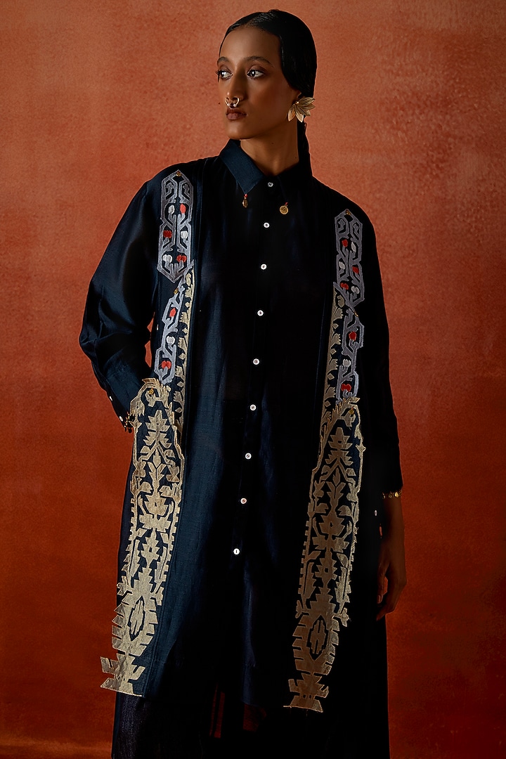 Indigo Silk Chanderi & Denim Co-Ord Set by Jajaabor at Pernia's Pop Up Shop