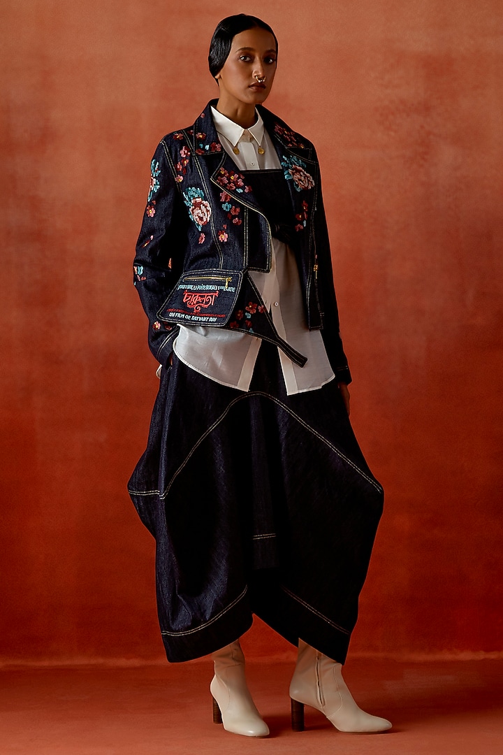Indigo Denim Embroidered Jacket Set by Jajaabor at Pernia's Pop Up Shop