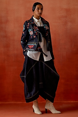 Indigo Denim Embroidered Jacket Set by Jajaabor