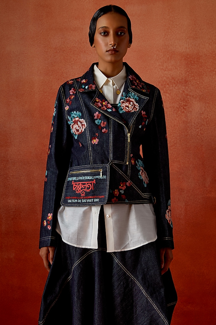 Indigo Denim Embroidered Jacket Set by Jajaabor at Pernia's Pop Up Shop