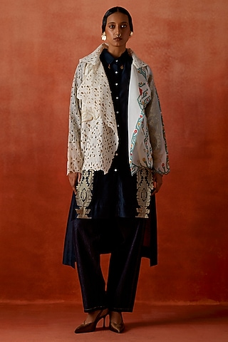 Ivory Silk Organza Embroidered Short Trench Jacket by Jajaabor