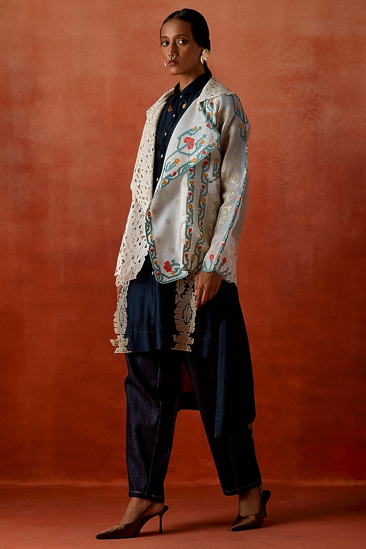 Ivory Silk Organza Embroidered Short Trench Jacket by Jajaabor at Pernia's Pop Up Shop