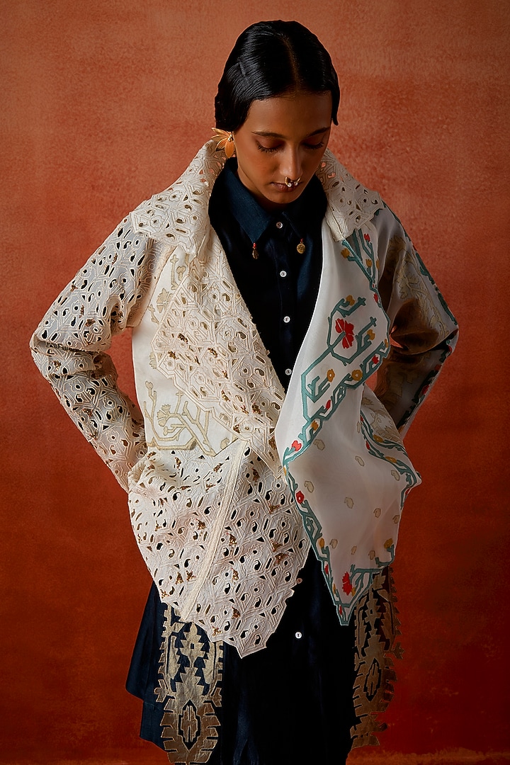 Ivory Silk Organza Embroidered Short Trench Jacket by Jajaabor at Pernia's Pop Up Shop