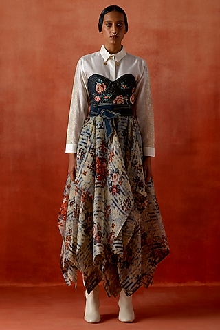 Indigo Silk Chanderi Embroidered Corset Dress With Shirt by Jajaabor