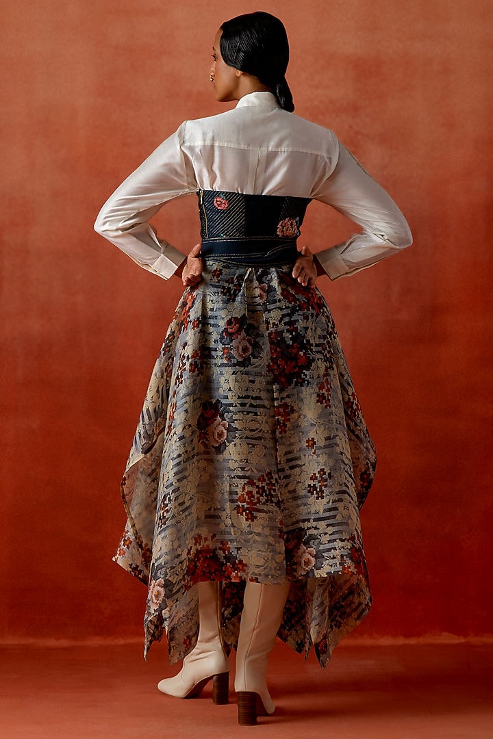 Indigo Silk Chanderi Embroidered Corset Party Wear Dress With Shirt by Jajaabor at Pernia's Pop Up Shop