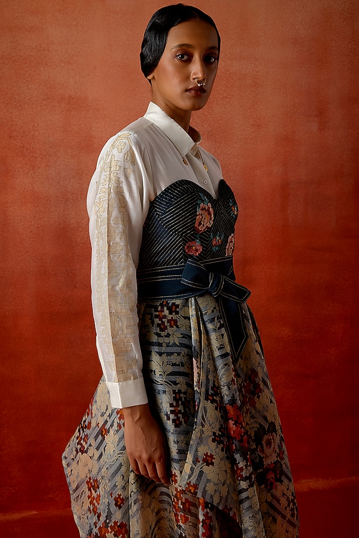 Indigo Silk Chanderi Embroidered Corset Party Wear Dress With Shirt by Jajaabor at Pernia's Pop Up Shop