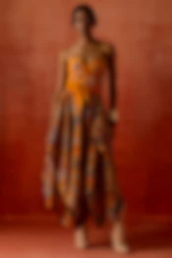Mustard Silk Chanderi Printed Draped Skirt by Jajaabor at Pernia's Pop Up Shop