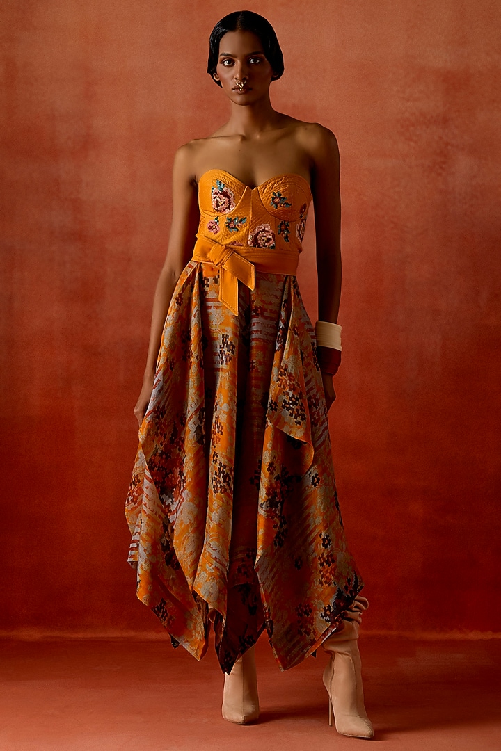 Mustard Silk Chanderi Printed Draped Skirt by Jajaabor at Pernia's Pop Up Shop