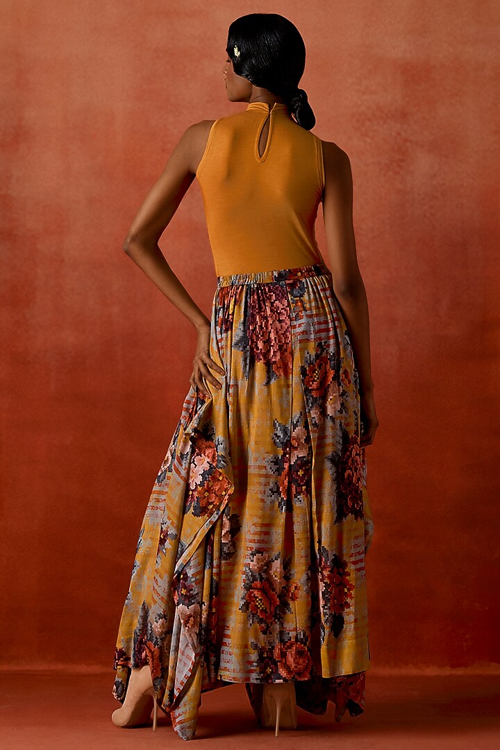 Mustard Silk Chanderi Printed Draped Skirt by Jajaabor at Pernia's Pop Up Shop