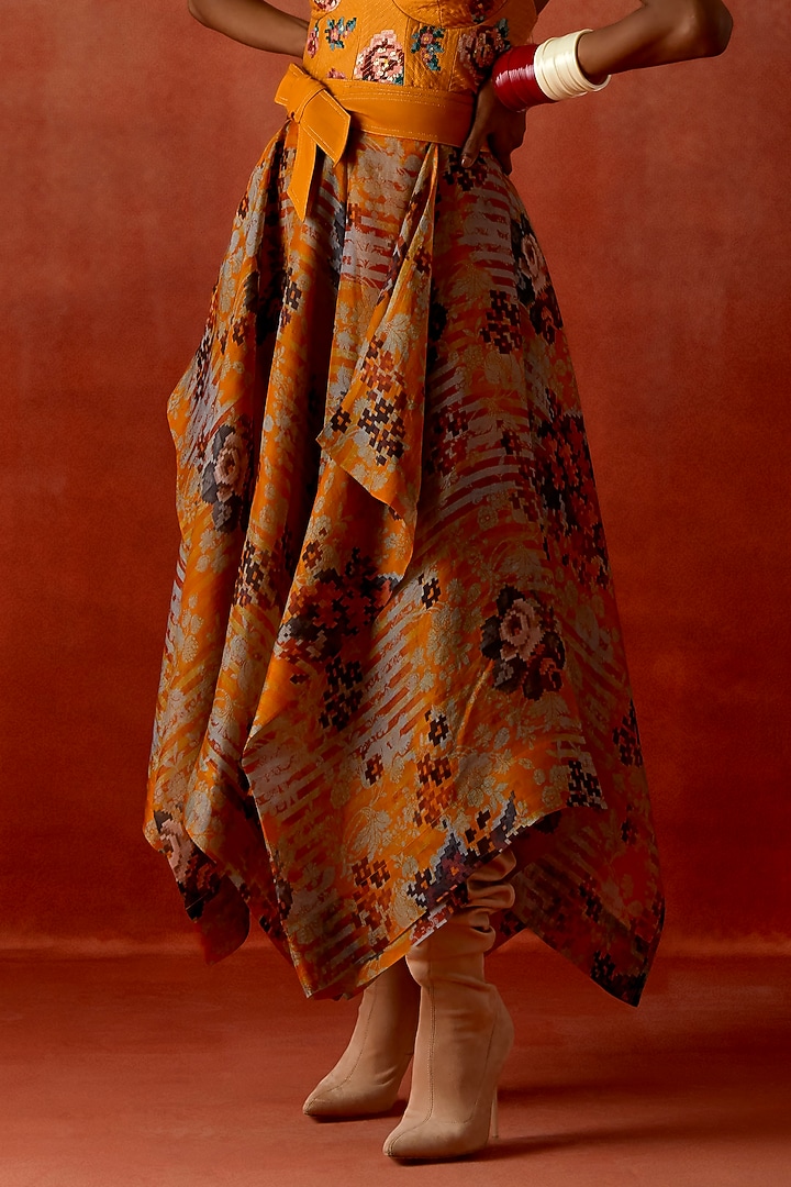 Mustard Silk Chanderi Printed Draped Skirt by Jajaabor at Pernia's Pop Up Shop