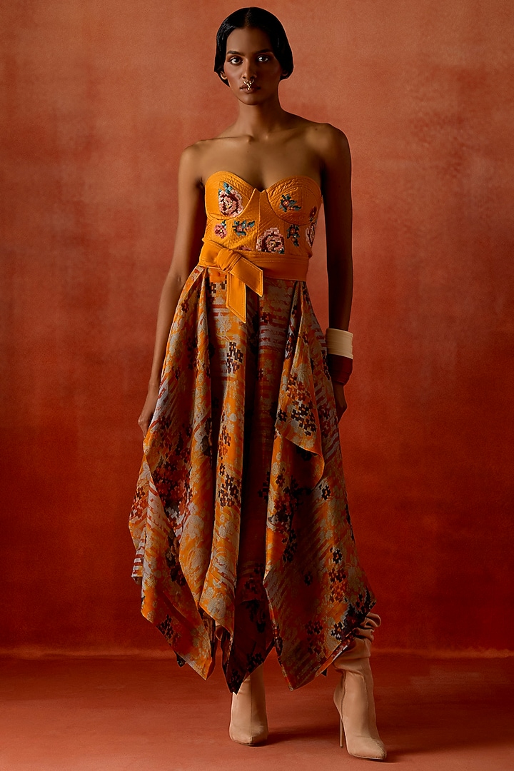 Mustard Silk Organza & Silk Chanderi Embroidered Corset Cocktail Dress by Jajaabor at Pernia's Pop Up Shop