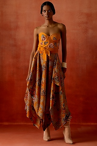 Mustard Silk Organza & Silk Chanderi Embroidered Corset Dress by Jajaabor