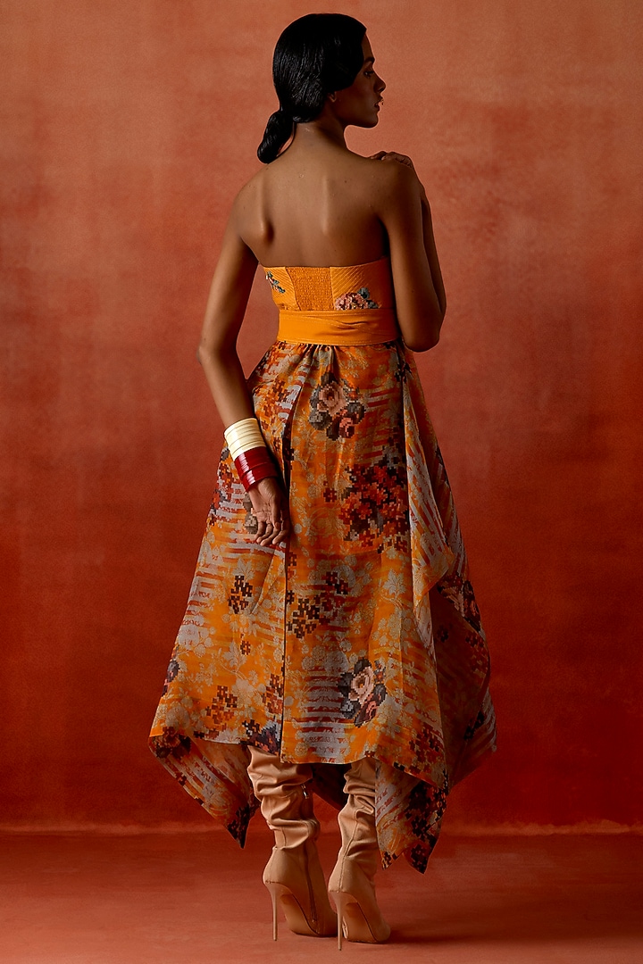 Mustard Silk Organza & Silk Chanderi Embroidered Corset Cocktail Dress by Jajaabor at Pernia's Pop Up Shop