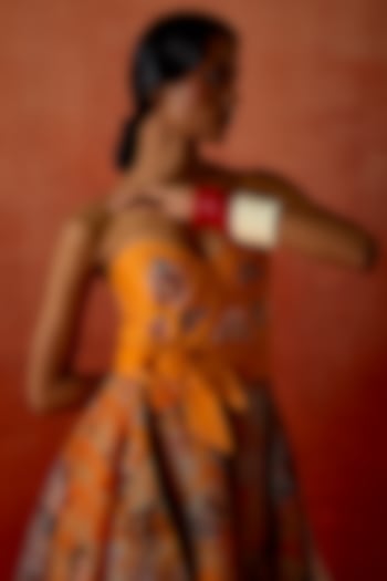 Mustard Silk Organza & Silk Chanderi Embroidered Corset Cocktail Dress by Jajaabor at Pernia's Pop Up Shop